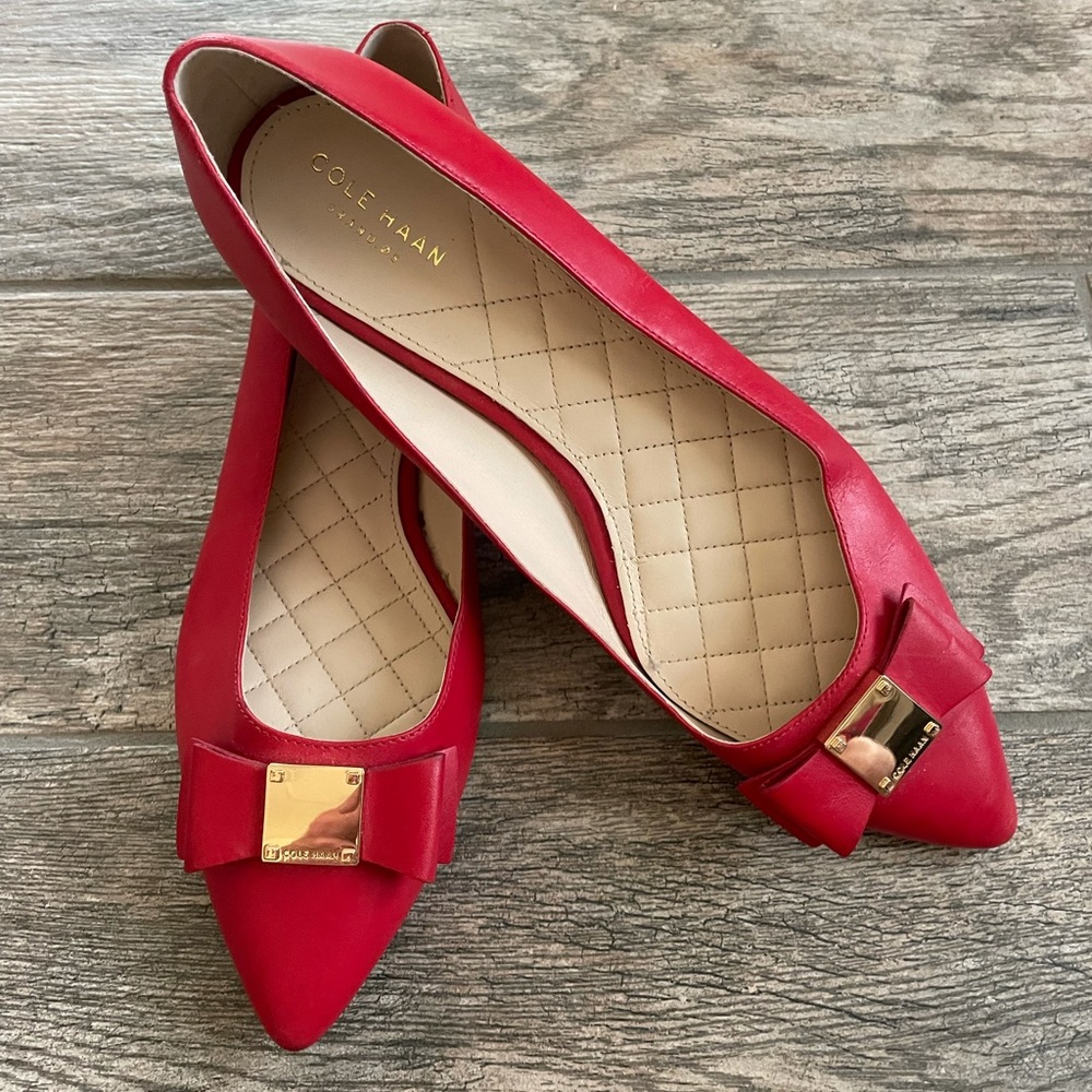 Cole Haan Pointed Red Leather Ballet Flats, New